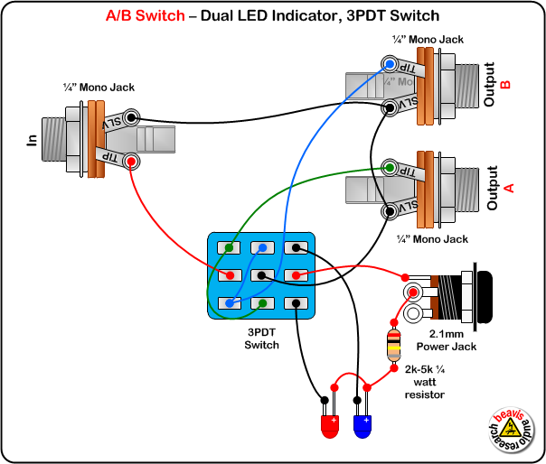 A/B Switch Wiring Diagram, LED Indicator, 3PDT Switch